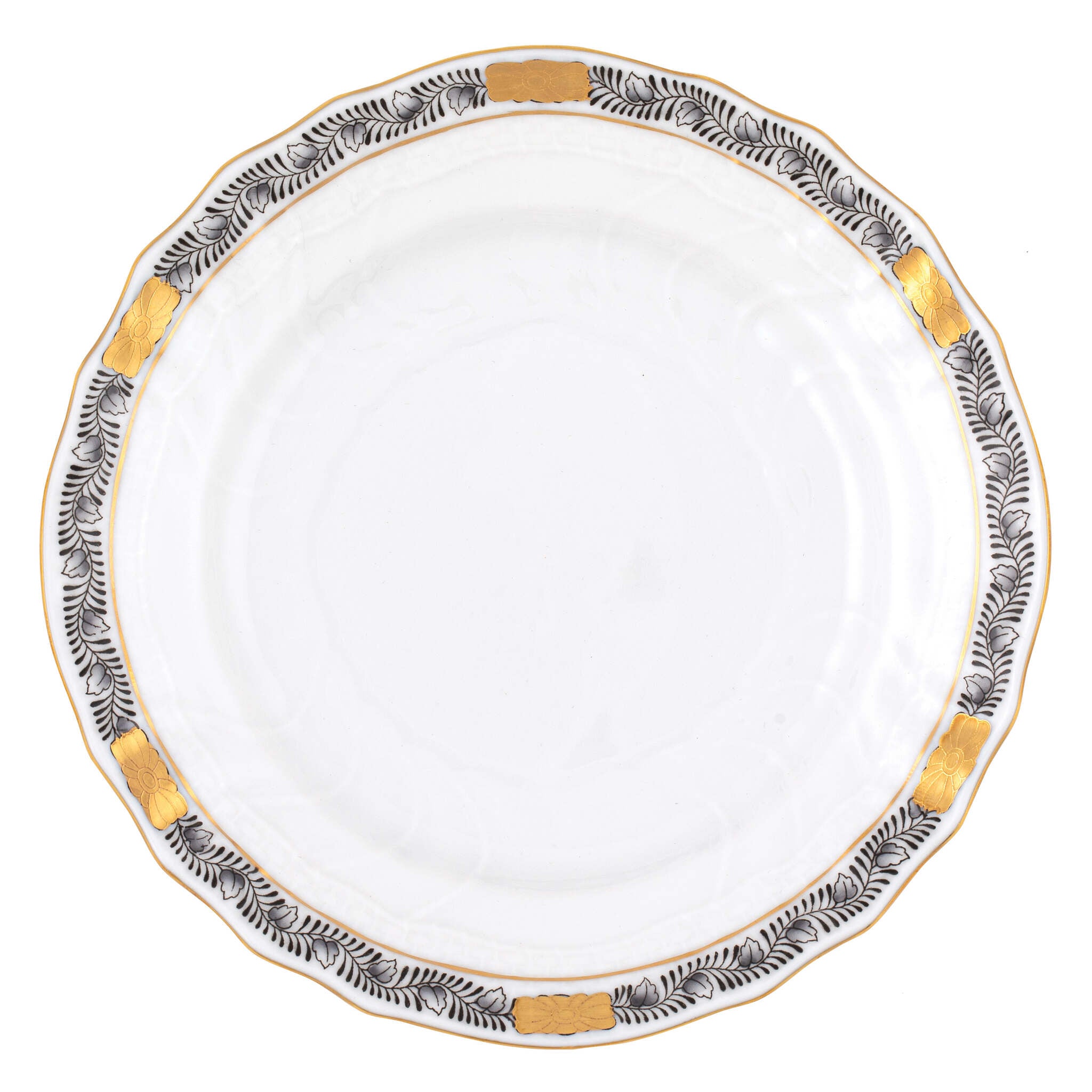 Hand-painted Herend Chinese Bouquet Garland Black Bread and Butter Plate in fine porcelain, 6in D, on a white background