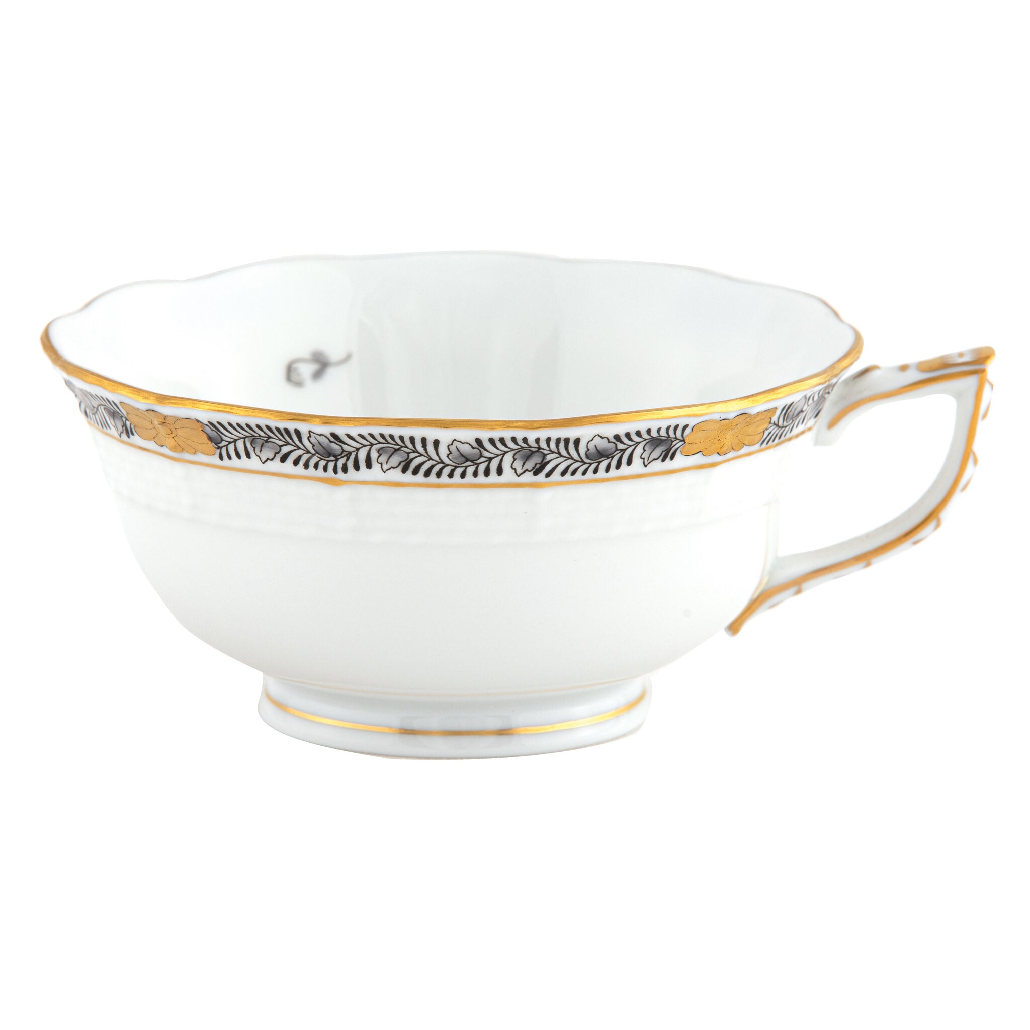 Hand-painted Herend Chinese Bouquet Garland Black Tea Cup Cup & Saucer Set in fine porcelain, on a white background