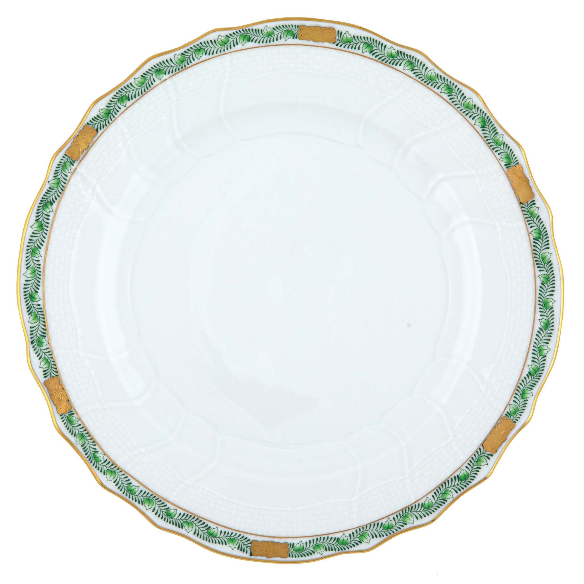Hand-painted Herend Chinese Bouquet Garland Green Dinner Plate in fine porcelain, 10.5in D, on a white background