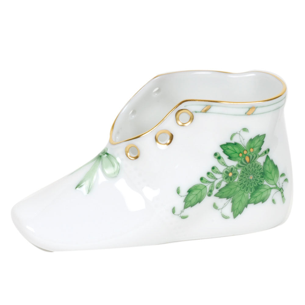 Hand-painted Herend Chinese Bouquet Green Baby Shoe Baby Keepsake in fine porcelain, 4.5in L X 2.75in H, on a white background