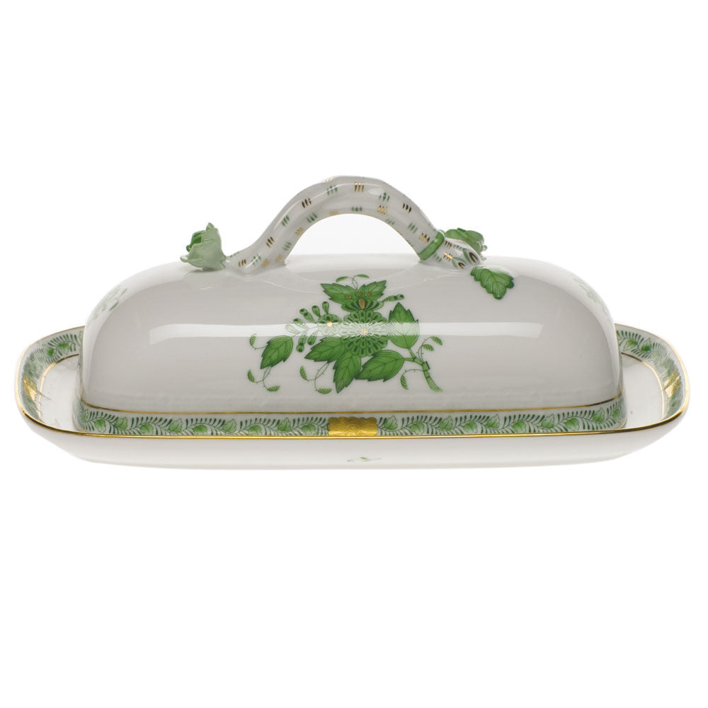 Hand-painted Herend Chinese Bouquet Green Butter Dish with Branch in fine porcelain, 8.5in L, on a white background