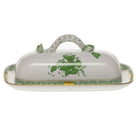 Hand-painted Herend Chinese Bouquet Green Butter Dish with Branch in fine porcelain, 8.5in L, on a white background