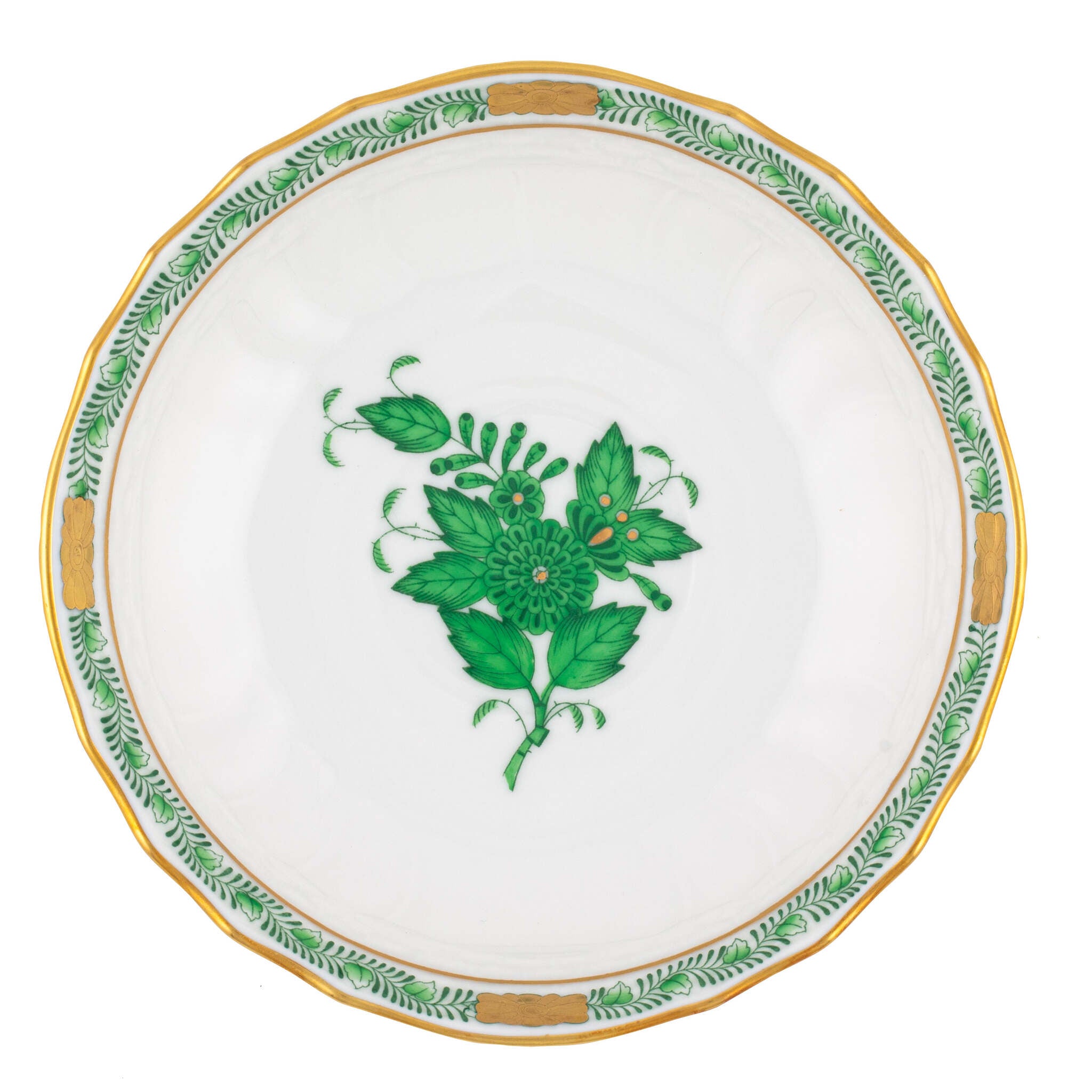 Hand-painted Herend Chinese Bouquet Green Canton Saucer in fine porcelain, 5.5in D, on a white background