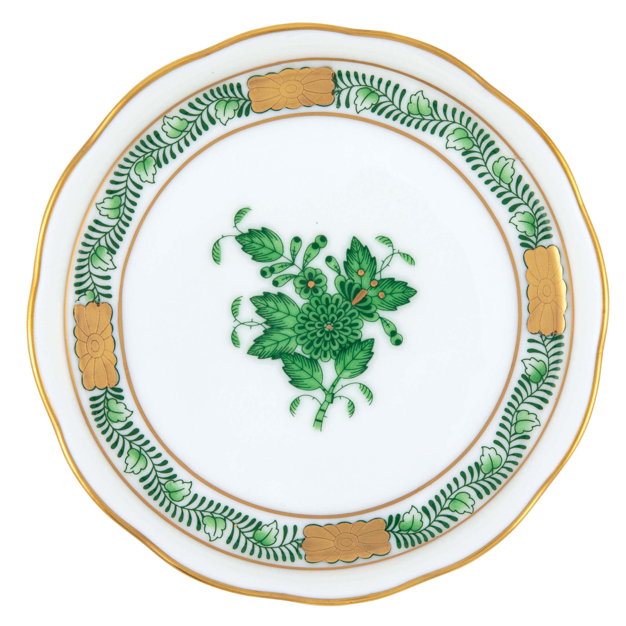 Hand-painted Herend Chinese Bouquet Green Coaster in fine porcelain, 4in D, on a white background