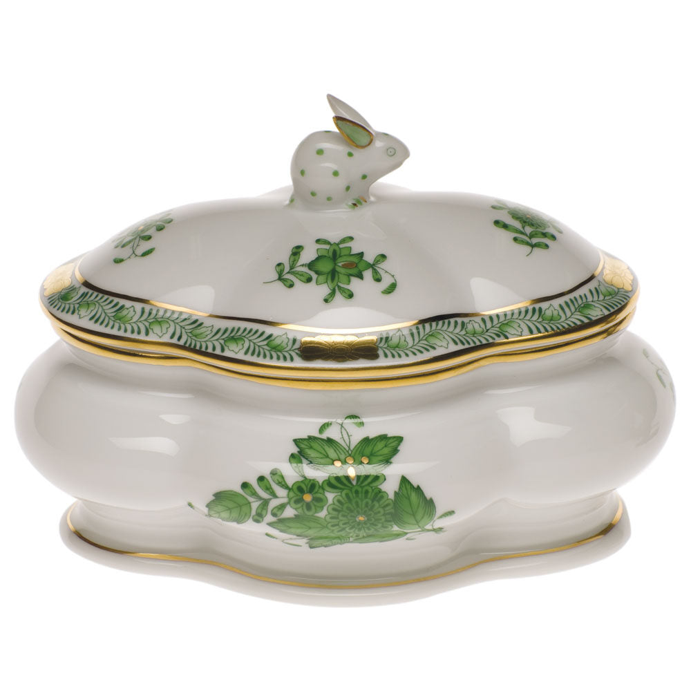 Hand-painted Herend Chinese Bouquet Green Covered Bonbon with Bunny Candy Dish in fine porcelain, 5in L X 4in H, on a white background