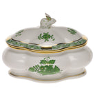 Hand-painted Herend Chinese Bouquet Green Covered Bonbon with Bunny Candy Dish in fine porcelain, 5in L X 4in H, on a white background