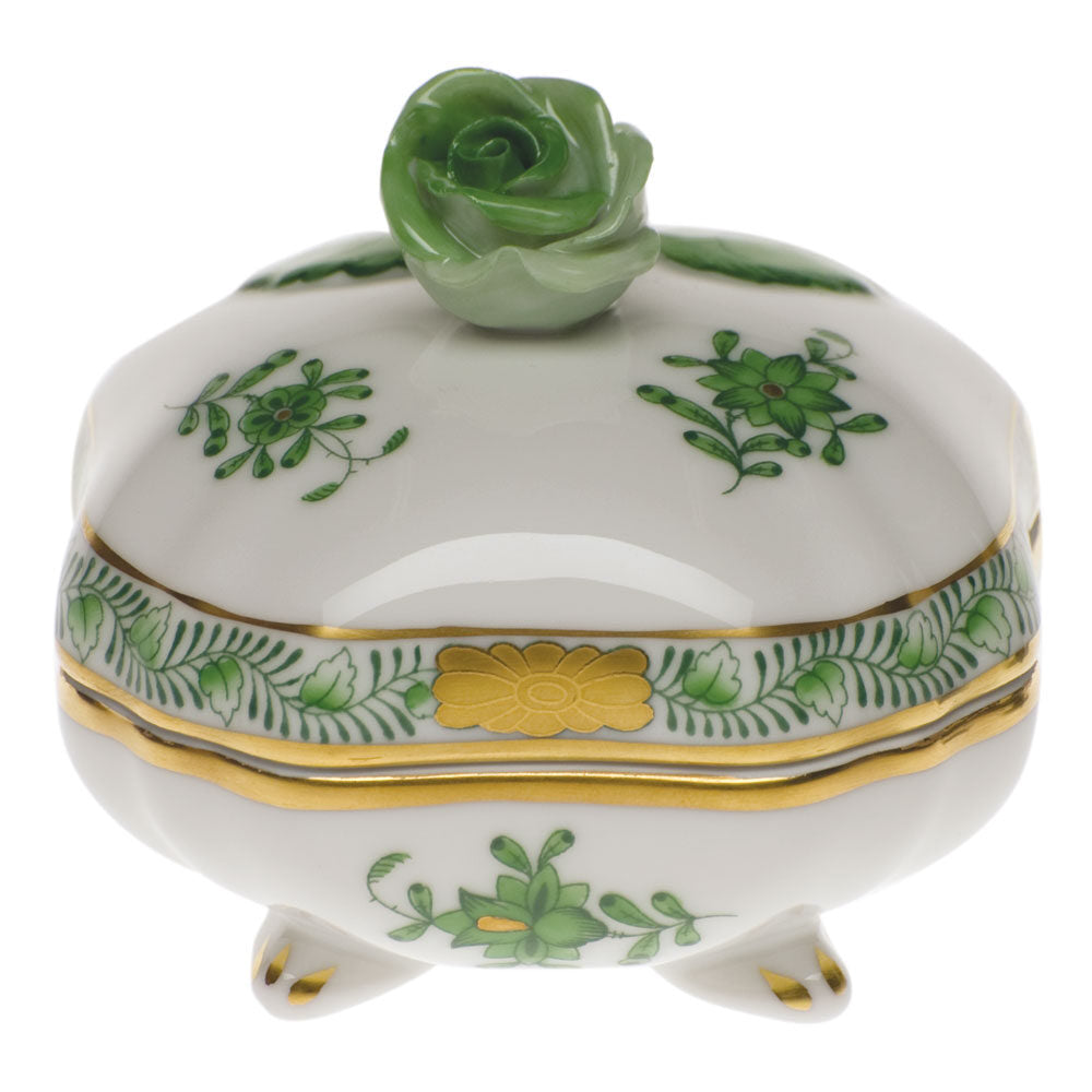Hand-painted Herend Chinese Bouquet Green Covered Bonbon with Rose Candy Dish in fine porcelain, 3in SQ, on a white background