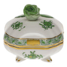 Hand-painted Herend Chinese Bouquet Green Covered Bonbon with Rose Candy Dish in fine porcelain, 3in SQ, on a white background
