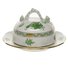 Hand-painted Herend Chinese Bouquet Green Covered Butter Dish in fine porcelain, 6in D X 3.5in H, on a white background