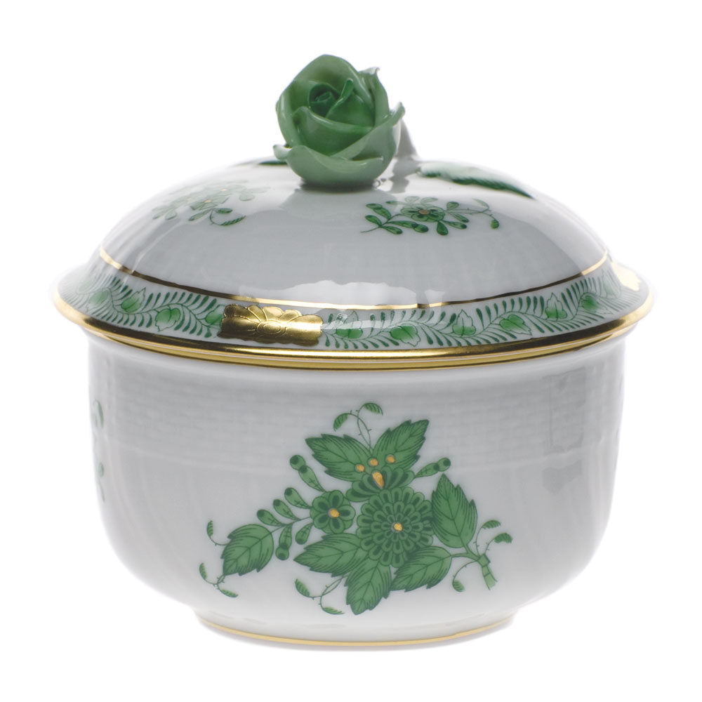 Hand-painted Herend Chinese Bouquet Green Covered Sugar with Rose Sugar Bowl in fine porcelain, (4 OZ) 3.25in H, on a white background
