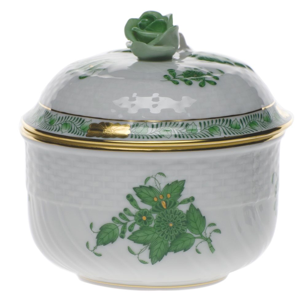 Herend Chinese Bouquet Green Covered Sugar with Rose Sugar Bowl, alternate view