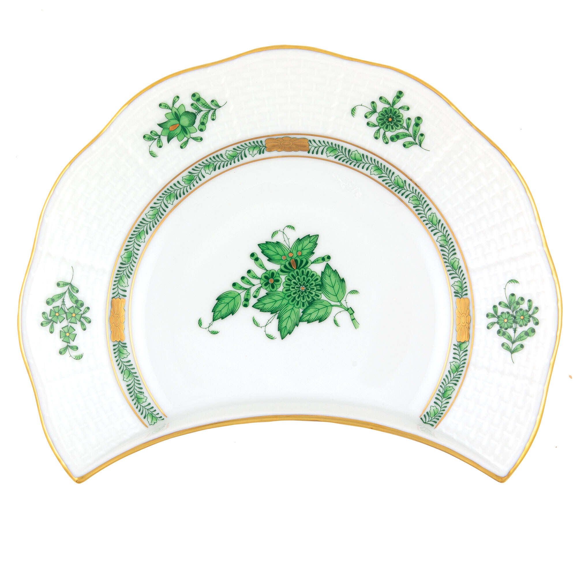 Hand-painted Herend Chinese Bouquet Green Crescent Salad Salad Plate in fine porcelain, 7.25in L X 5in W, on a white background