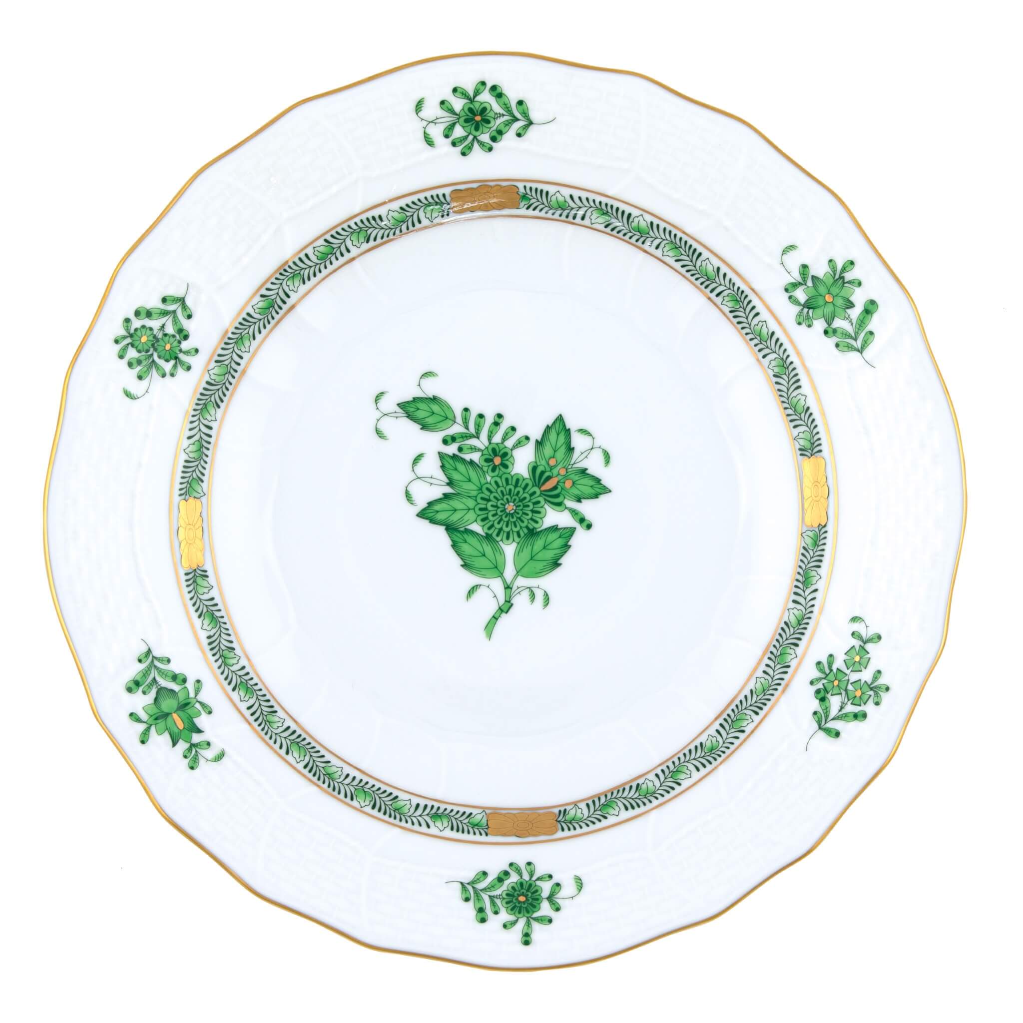 Hand-painted Herend Chinese Bouquet Green Dessert Plate in fine porcelain, 8.25in D, on a white background