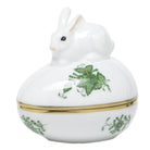 Hand-painted Herend Chinese Bouquet Green Egg Bonbon with Bunny Candy Dish in fine porcelain, 3in L X 2.25in W X 3in H, on a white background
