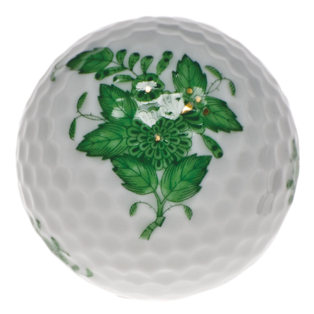Hand-painted Herend Chinese Bouquet Green Golf Ball Paperweight in fine porcelain, 1.75in D, on a white background