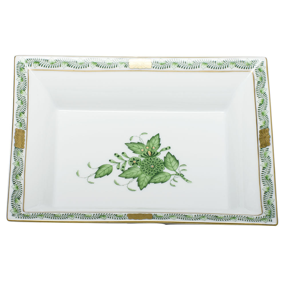Hand-painted Herend Chinese Bouquet Green Jewelry Tray Decorative Plate in fine porcelain, 7.5in L X 6.25in W, on a white background