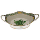 Hand-painted Herend Chinese Bouquet Green Large Basket with Handles in fine porcelain, 6.75in L X 3.25in W, on a white background