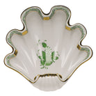 Hand-painted Herend Chinese Bouquet Green Large Shell Dish Decorative Plate in fine porcelain, 9in L X 8.75in W, on a white background