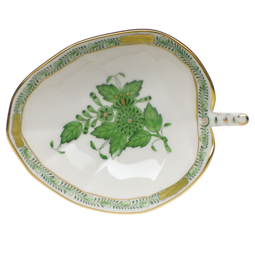 Hand-painted Herend Chinese Bouquet Green Leaf Tray Decorative Plate in fine porcelain, 4.5in L X 3in W, on a white background