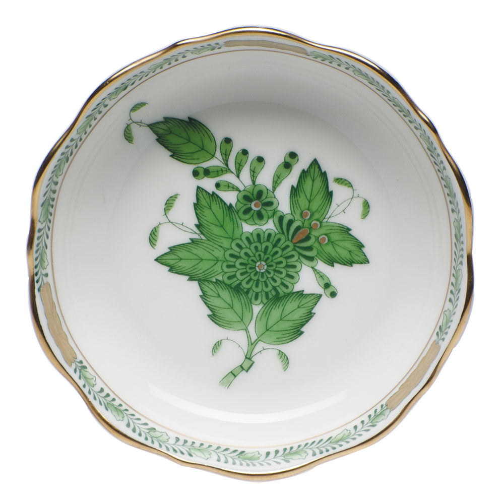 Hand-painted Herend Chinese Bouquet Green Mini Scalloped Dish Decorative Plate in fine porcelain, 3.25in L X 0.75in H, on a white background