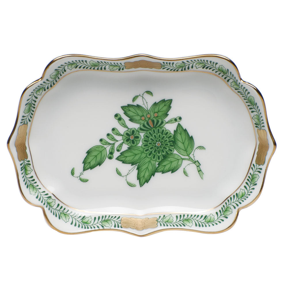 Hand-painted Herend Chinese Bouquet Green Mini Scalloped Tray Decorative Plate in fine porcelain, 4.25in L X 3in W, on a white background
