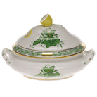 Hand-painted Herend Chinese Bouquet Green Mini Tureen with Lemon Candy Dish in fine porcelain, 5in L X 4in H, on a white background