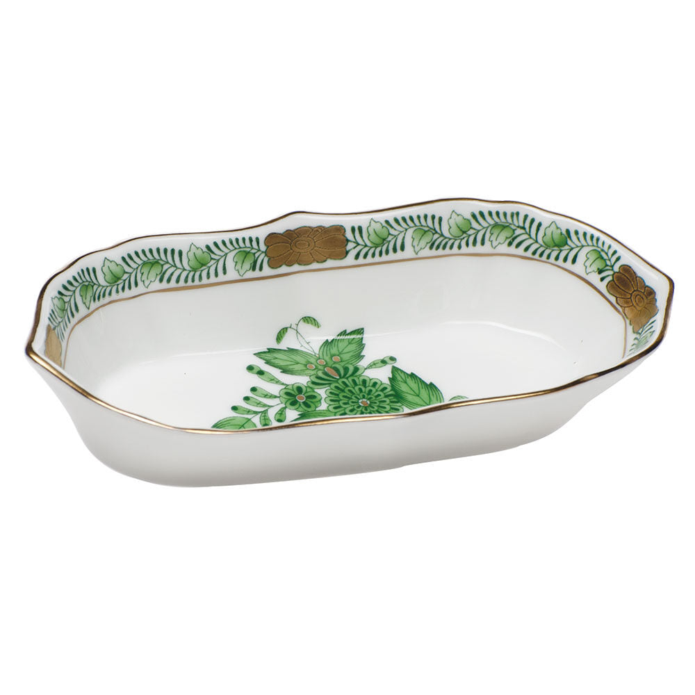 Hand-painted Herend Chinese Bouquet Green Narrow Pin Dish Decorative Plate in fine porcelain, 5in L X 1in H, on a white background
