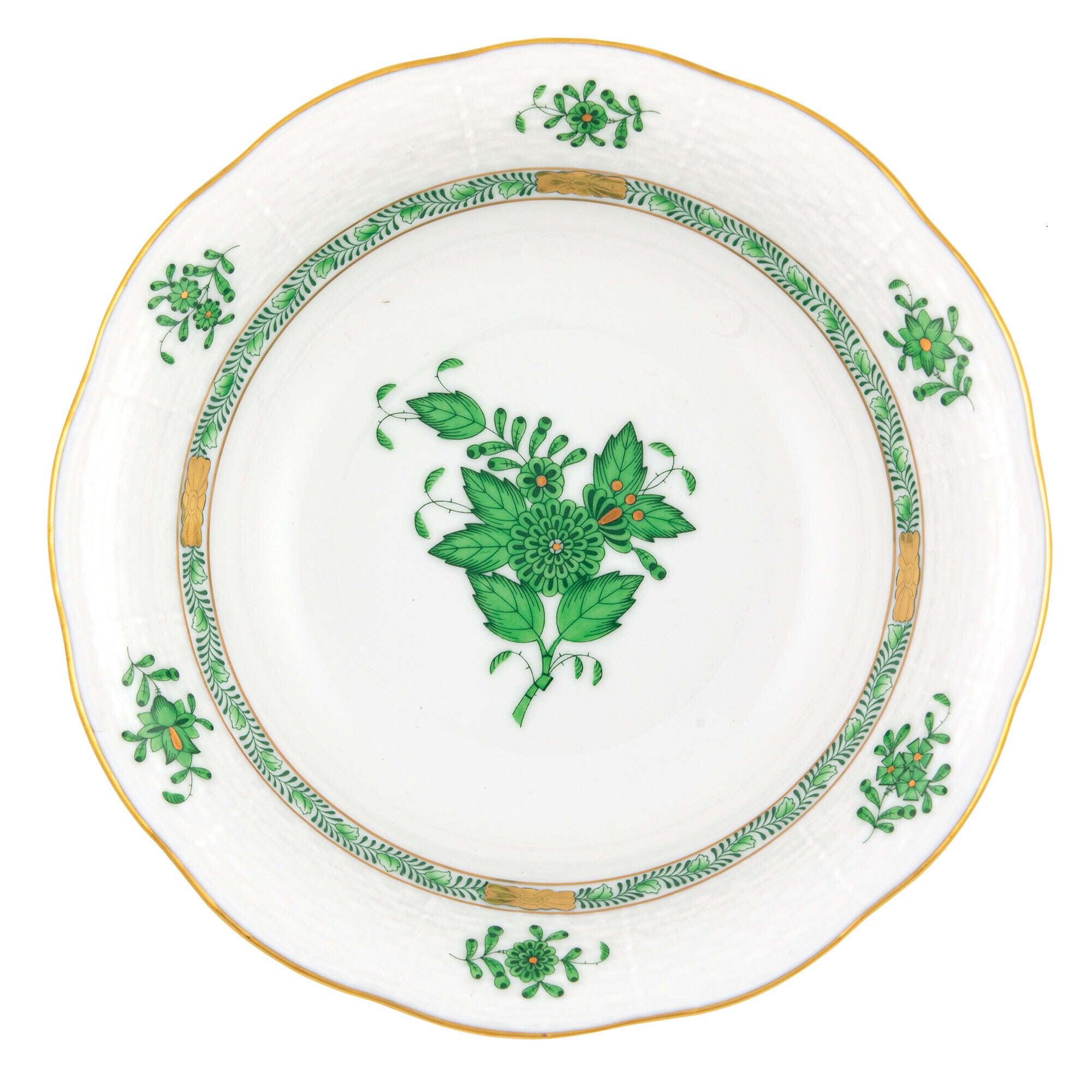 Hand-painted Herend Chinese Bouquet Green Oatmeal Bowl in fine porcelain, 6.5in D, on a white background