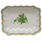 Hand-painted Herend Chinese Bouquet Green Oblong Dish Decorative Plate in fine porcelain, 7.25in L X 5.5in W X 1.5in H, on a white background