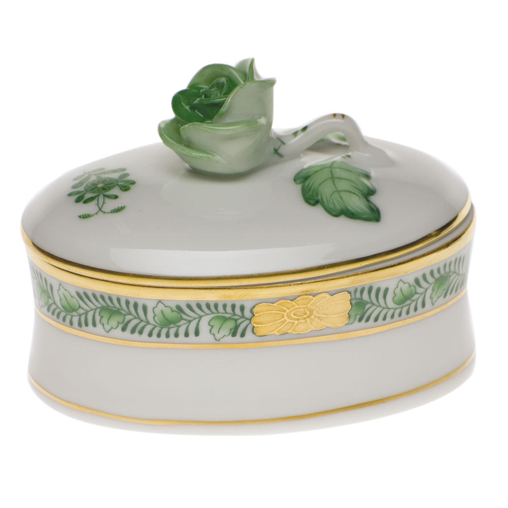 Hand-painted Herend Chinese Bouquet Green Oval Box with Rose in fine porcelain, 2.75in L X 2in H, on a white background