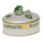 Hand-painted Herend Chinese Bouquet Green Oval Box with Rose in fine porcelain, 2.75in L X 2in H, on a white background