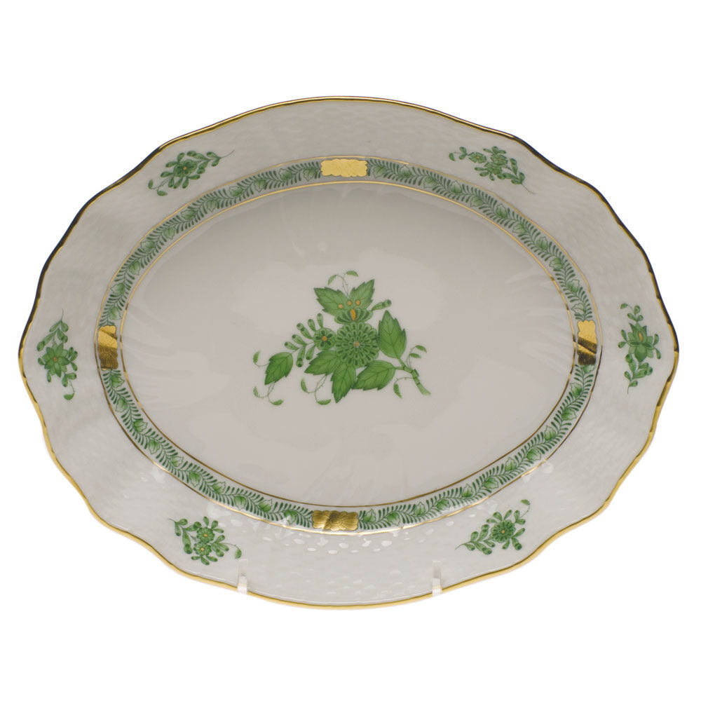 Hand-painted Herend Chinese Bouquet Green Oval Dish in fine porcelain, 8.25in L X 6.75in W, on a white background