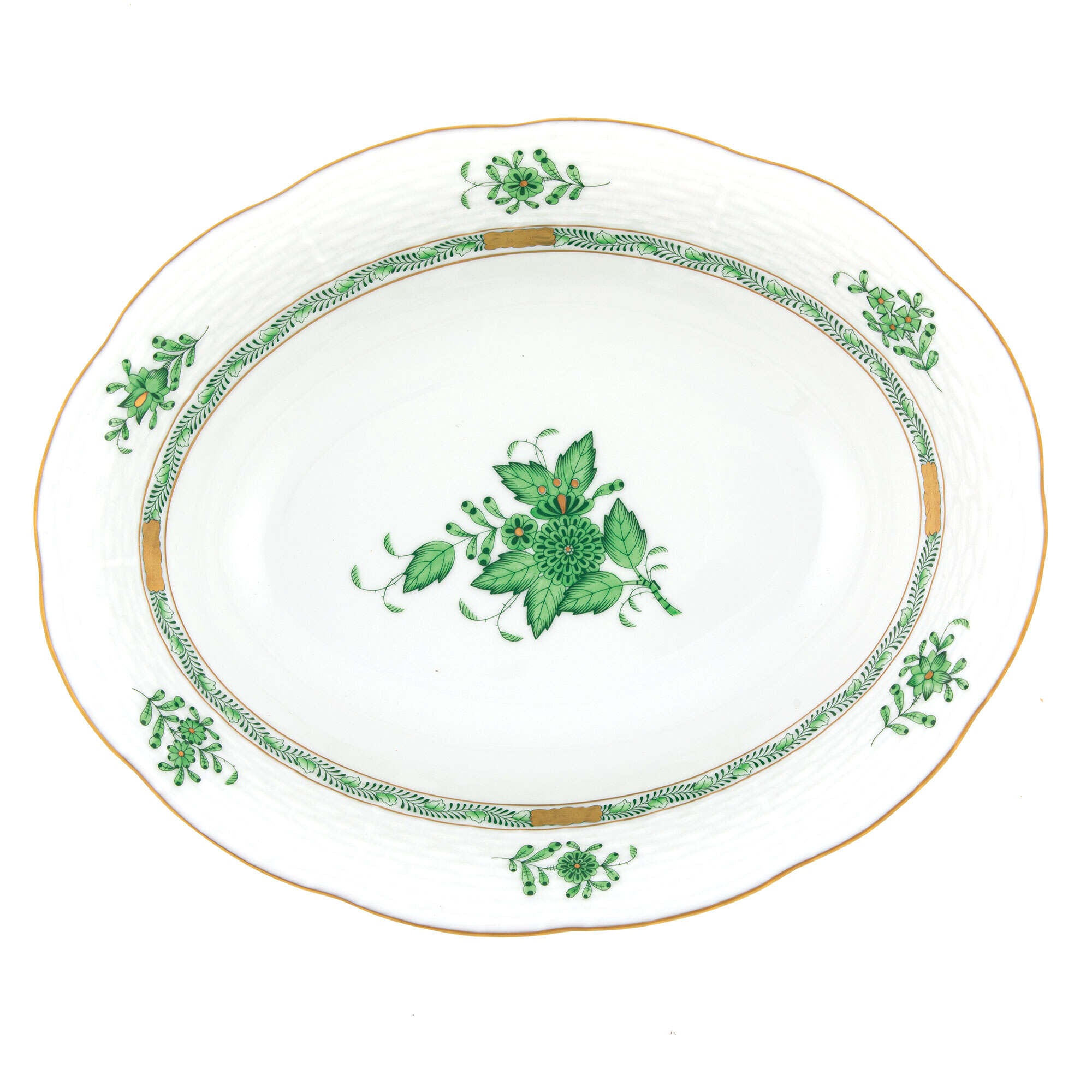 Hand-painted Herend Chinese Bouquet Green Oval Vegetable Dish Serving Bowl in fine porcelain, 10in L X 8in W, on a white background