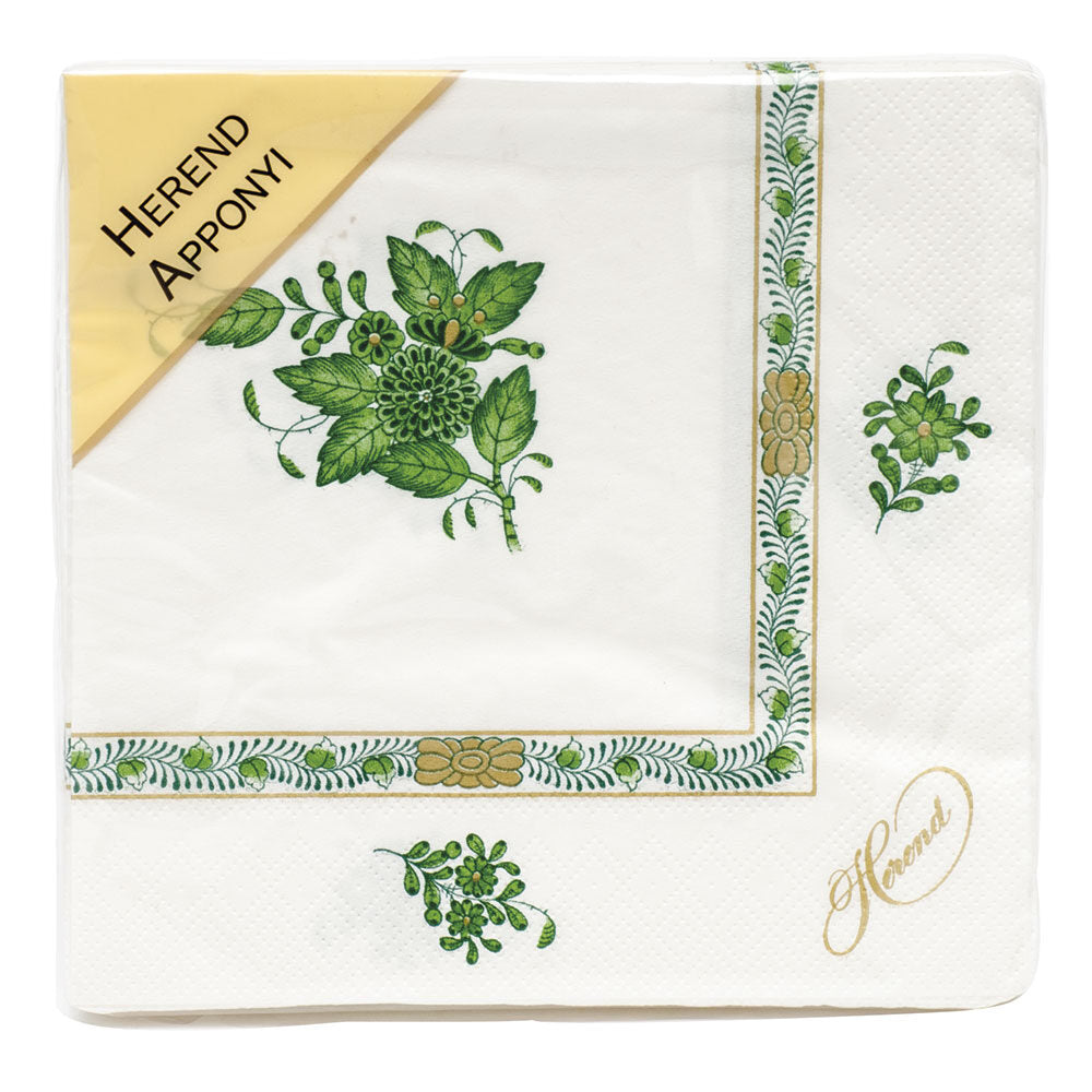 Hand-painted Herend Chinese Bouquet Green Paper Napkins Pack of 20 in fine porcelain, Individual Napkin 6.5in SQ, on a white background