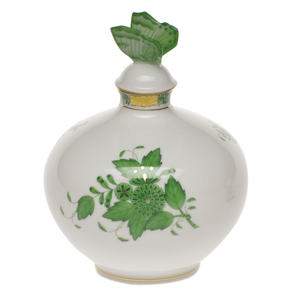 Hand-painted Herend Chinese Bouquet Green Perfume with Butterfly Garnishment in fine porcelain, 4in W X 5in H, on a white background
