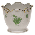 Hand-painted Herend Chinese Bouquet Green Ribbed Cachepot in fine porcelain, 6.25in H X 7in D, on a white background