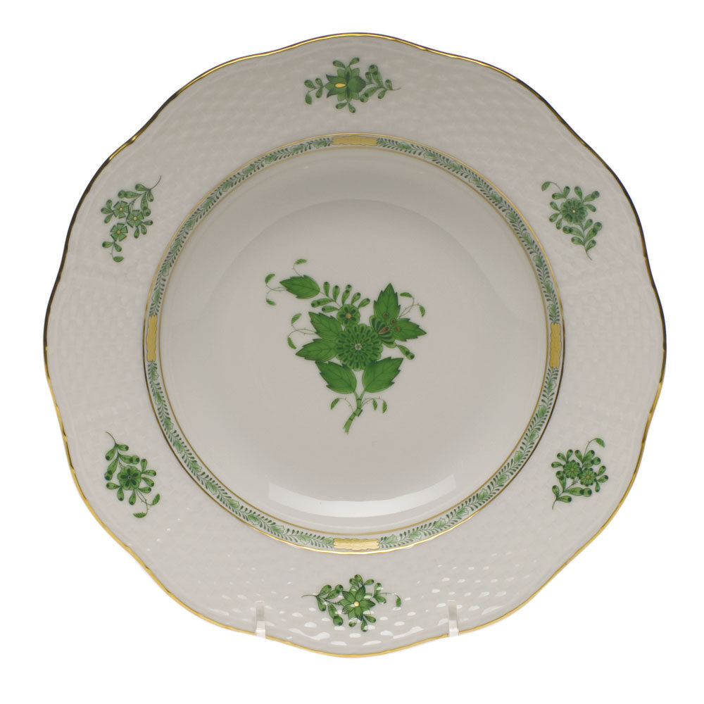 Hand-painted Herend Chinese Bouquet Green Rim Soup Plate Soup Plates & Rimmed Soup Bowl in fine porcelain, 8in D, on a white background