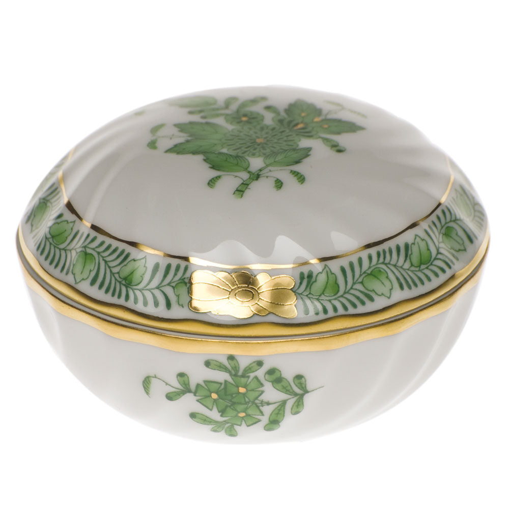 Hand-painted Herend Chinese Bouquet Green Ring Box in fine porcelain, 2.75in D, on a white background