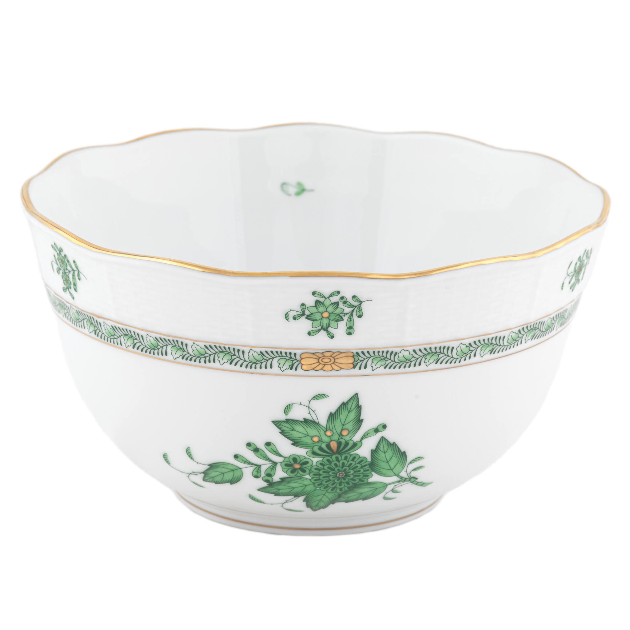 Hand-painted Herend Chinese Bouquet Green Round Bowl in fine porcelain, (3.5 PT) 7.5in D, on a white background