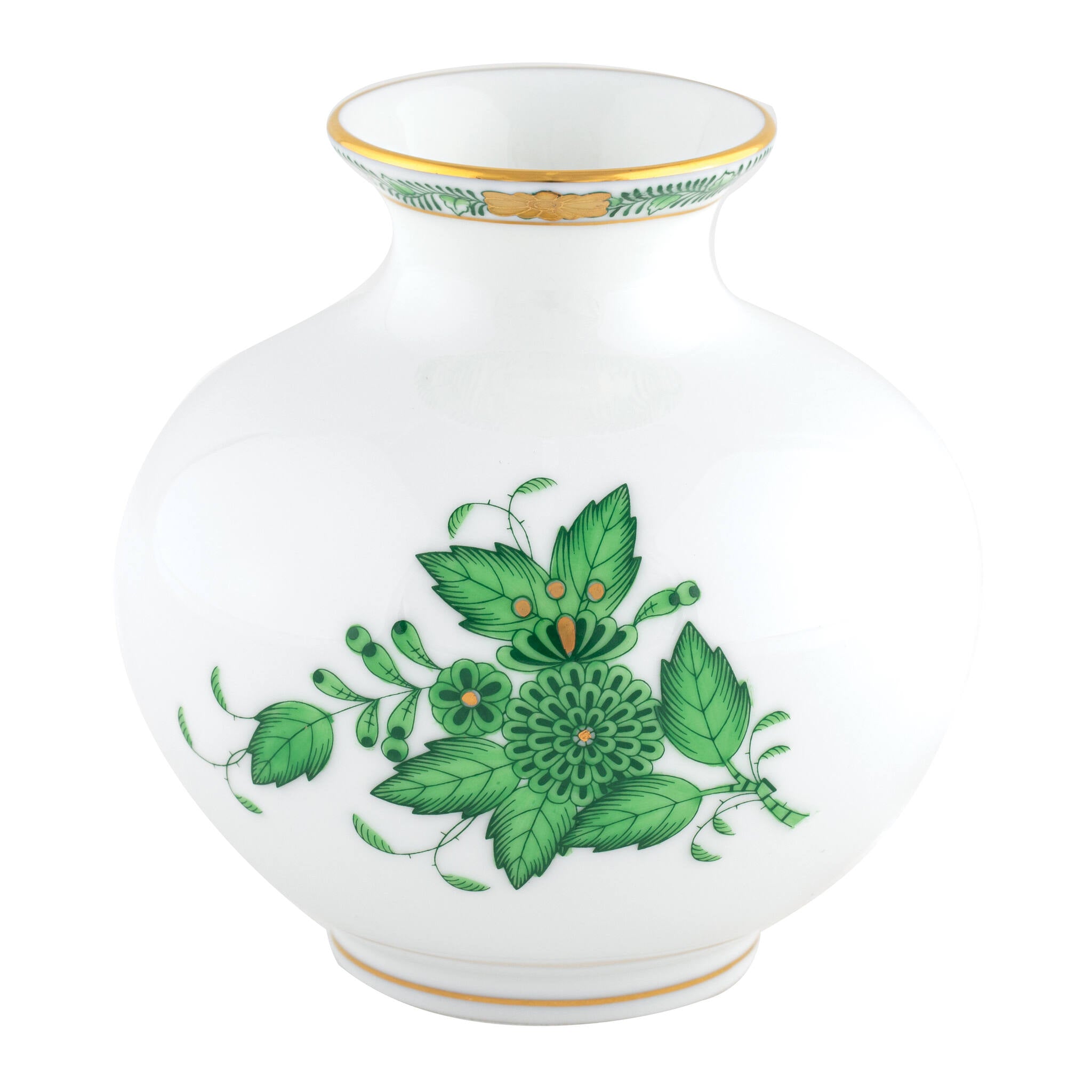 Hand-painted Herend Chinese Bouquet Green Round Vase in fine porcelain, 4.5in H X 4.5in D, on a white background
