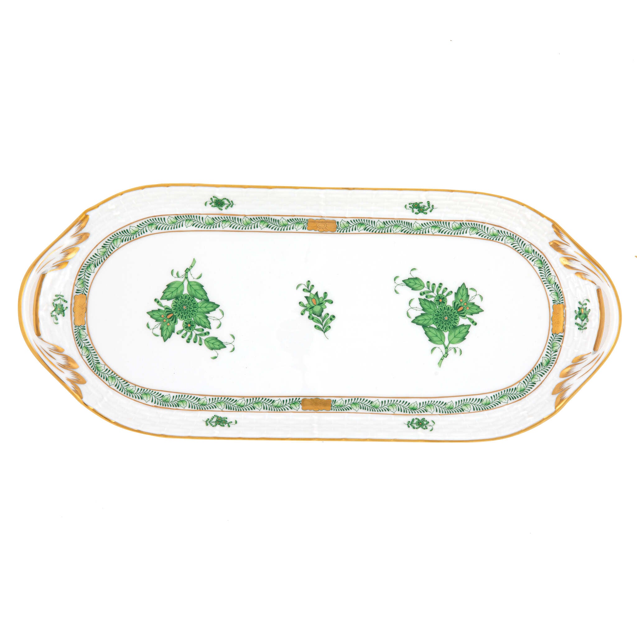 Hand-painted Herend Chinese Bouquet Green Sandwich Tray in fine porcelain, 14.5in L X 6in W, on a white background