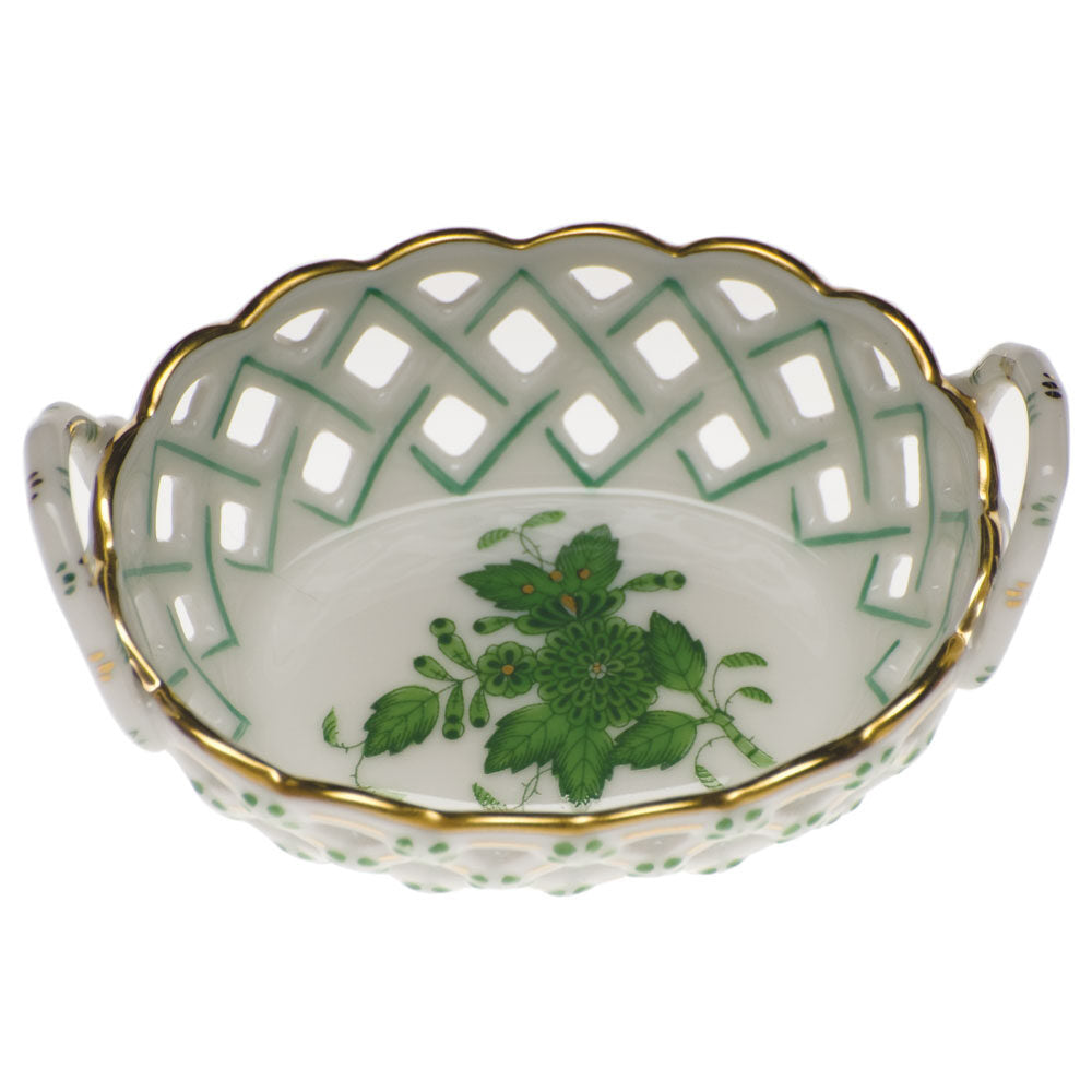 Hand-painted Herend Chinese Bouquet Green Sm Openwork Basket with Handle in fine porcelain, 3.5in L X 2.5in W, on a white background
