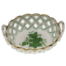 Hand-painted Herend Chinese Bouquet Green Sm Openwork Basket with Handle in fine porcelain, 3.5in L X 2.5in W, on a white background