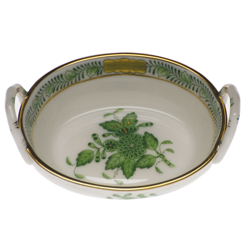 Hand-painted Herend Chinese Bouquet Green Small Basket with Handles in fine porcelain, 2.75in L X 2.25in W, on a white background