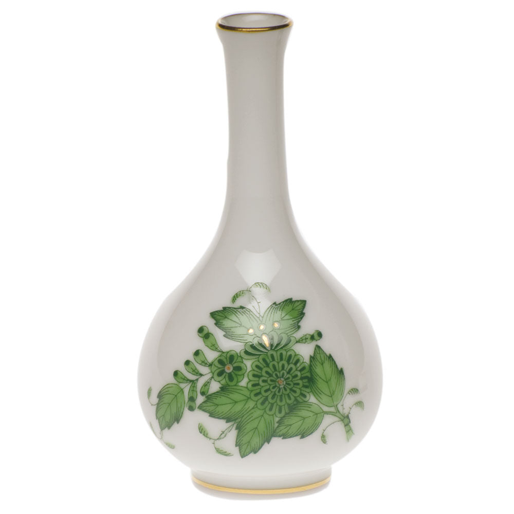 Hand-painted Herend Chinese Bouquet Green Small Bud Vase in fine porcelain, 3.5in H, on a white background