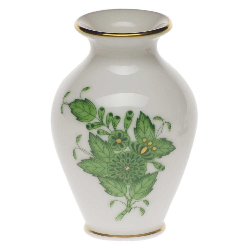 Hand-painted Herend Chinese Bouquet Green Small Bud Vase with Lip in fine porcelain, 2.5in H, on a white background
