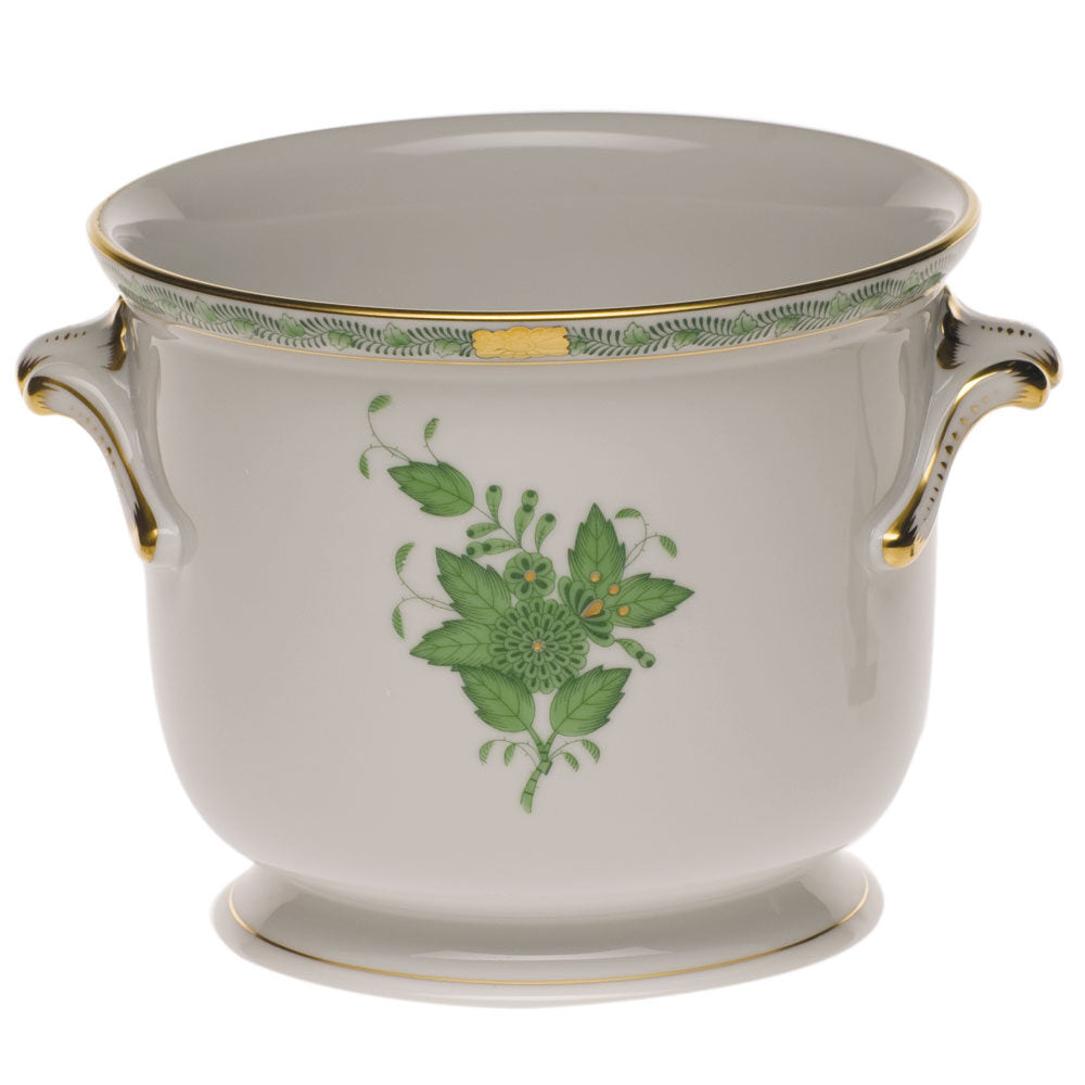 Hand-painted Herend Chinese Bouquet Green Small Cachepot in fine porcelain, 5.75in H X 6.5in D, on a white background