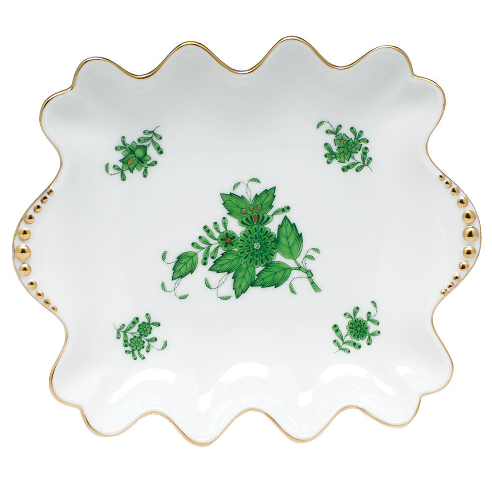 Hand-painted Herend Chinese Bouquet Green Small Dish with Pearls Decorative Plate in fine porcelain, 5.75in L X 6.75in W, on a white background