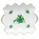 Hand-painted Herend Chinese Bouquet Green Small Dish with Pearls Decorative Plate in fine porcelain, 5.75in L X 6.75in W, on a white background