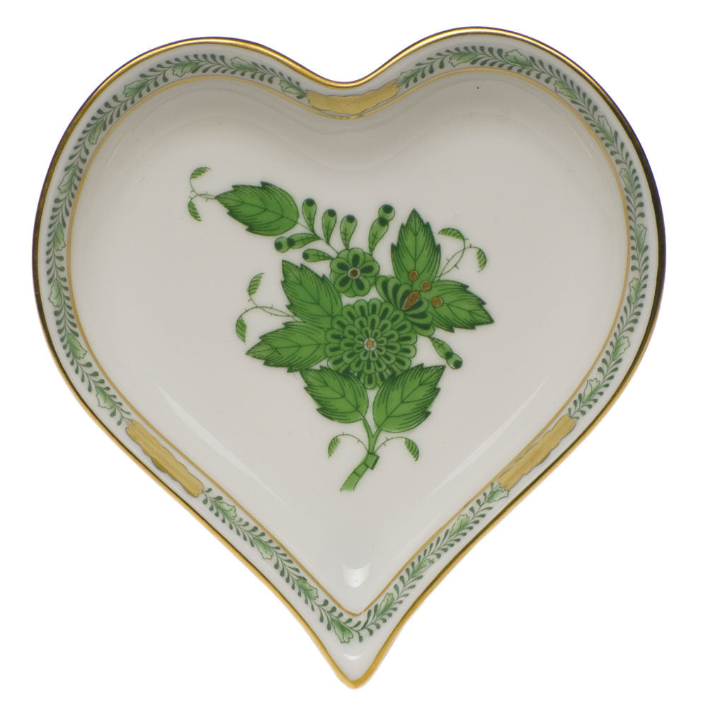 Hand-painted Herend Chinese Bouquet Green Small Heart Tray Decorative Plate in fine porcelain, 4in L X 4in W, on a white background